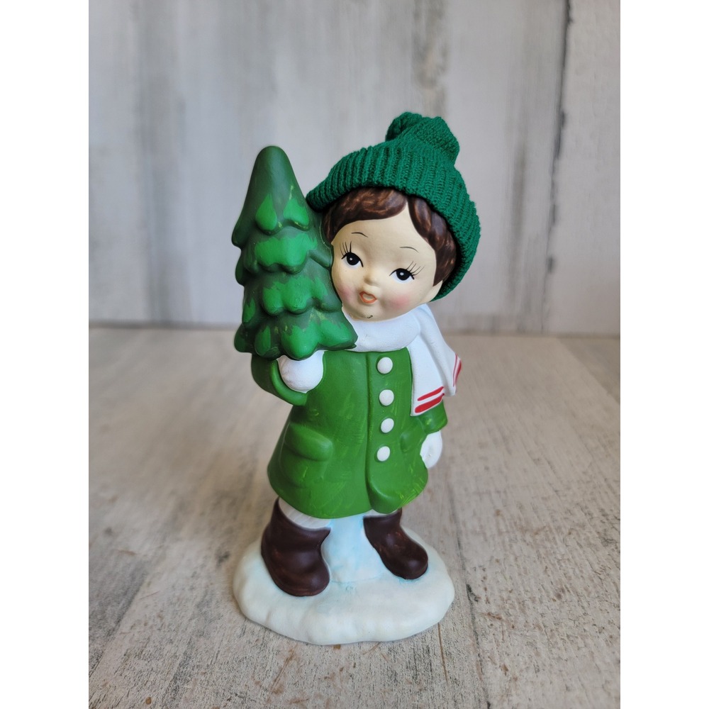 Vintage green tree boy ceramic Victorian Xmas home decor figure child